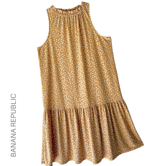 BANANA REPUBLIC | NWOT KNIT FLOUNCE SHIFT DRESS PETITE PRINT HONEY ORANGE | XS - Picture 1 of 11